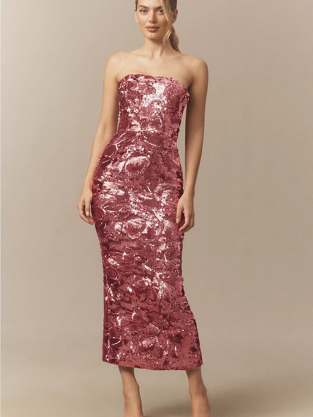 HELSI Strapless Sequin Midi Dress in Rose Pink